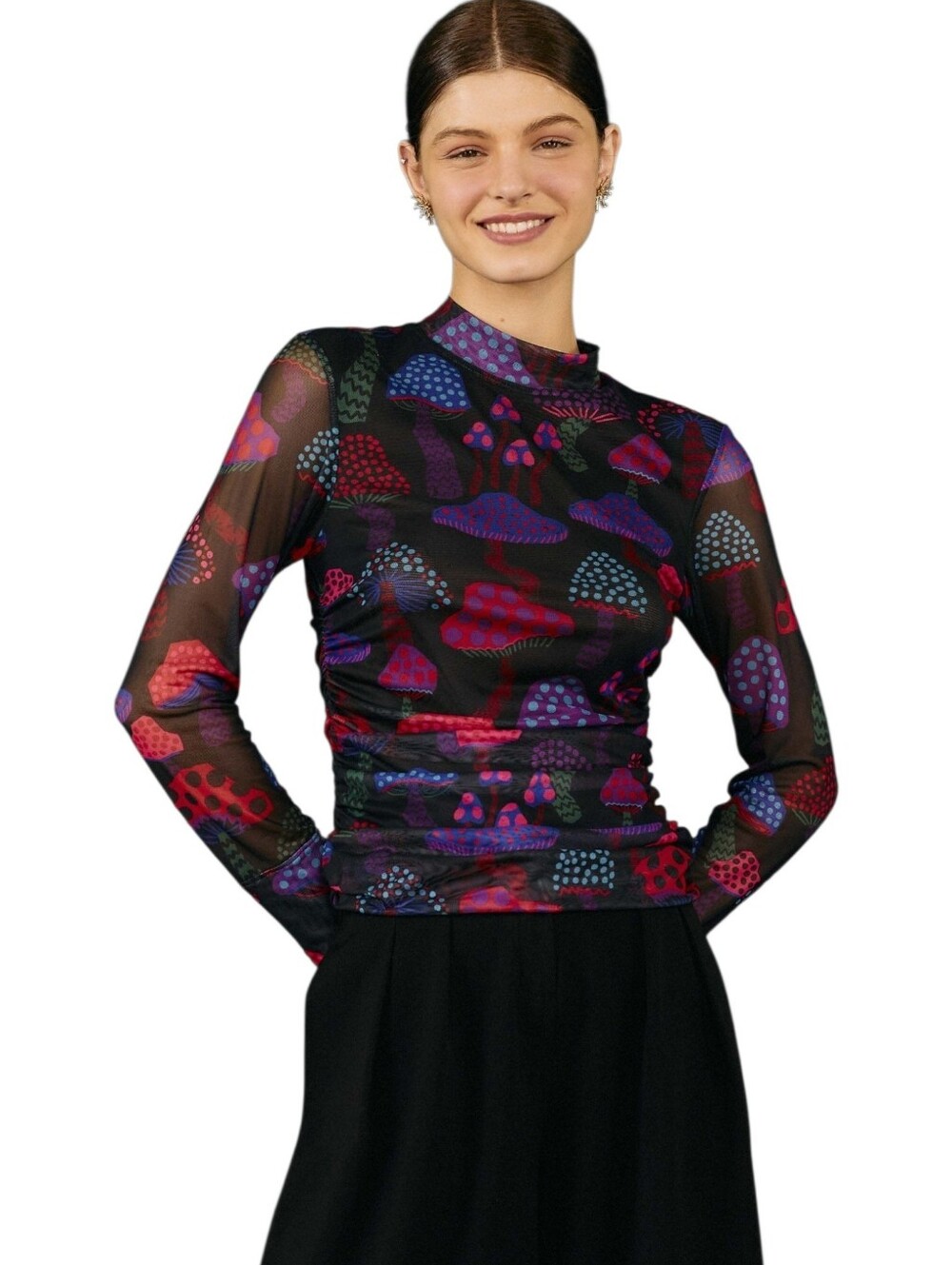 FARM Rio Neon Mushrooms Tulle Blouse Size Small Ruched Bodice Long Sleeves